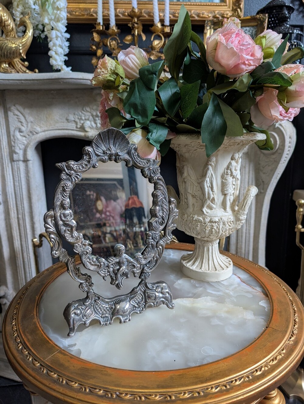 Vintage Silver Plated Dresser Tilt Mirror w/ Repousse Motifs, Art Nouveau Cherub
